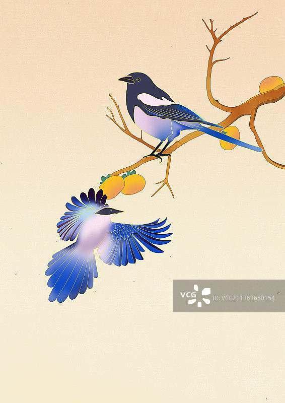 中国风新中式古风国潮中国画花鸟画吉祥喜鹊节气宣传插画图片素材