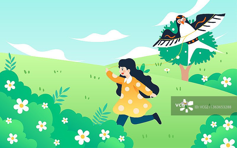 春天小孩放风筝插画立春人物户外出游海报图片素材