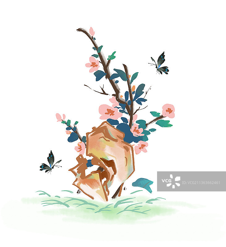 水墨假山花枝蝴蝶小景图片素材