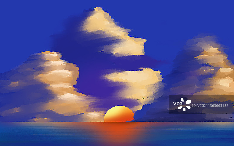 海平面日出插画图片素材