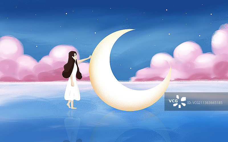 月亮女孩治愈系插画图片素材