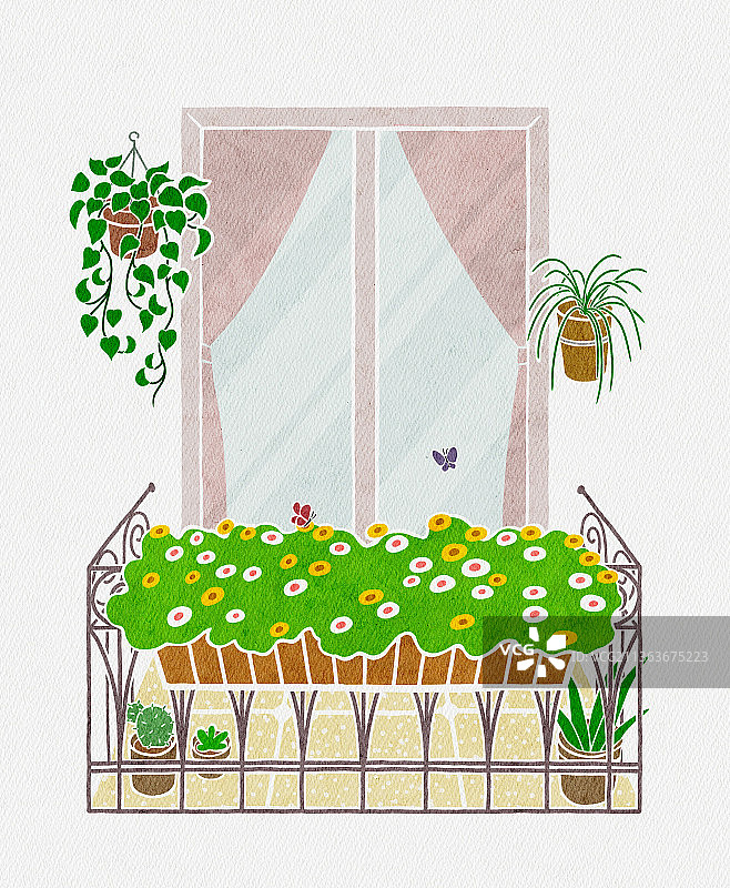 纸质纹理扁平风格阳台花草场景插画图片素材
