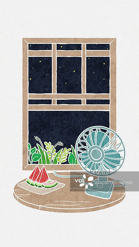 扁平风格夏季夜晚窗边插画手机壁纸图片素材