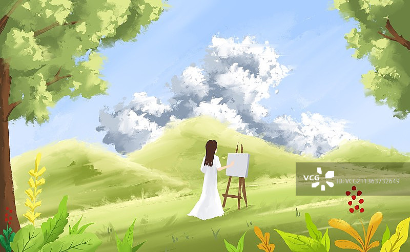 春天女孩户外写生插画图片素材
