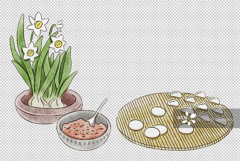 饺子皮肉馅和水仙花图片素材