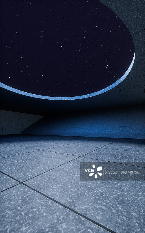 夜晚的混凝土建筑室内空间3D渲染图片素材