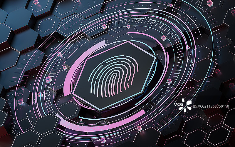指纹与六边形背景3D渲染图片素材