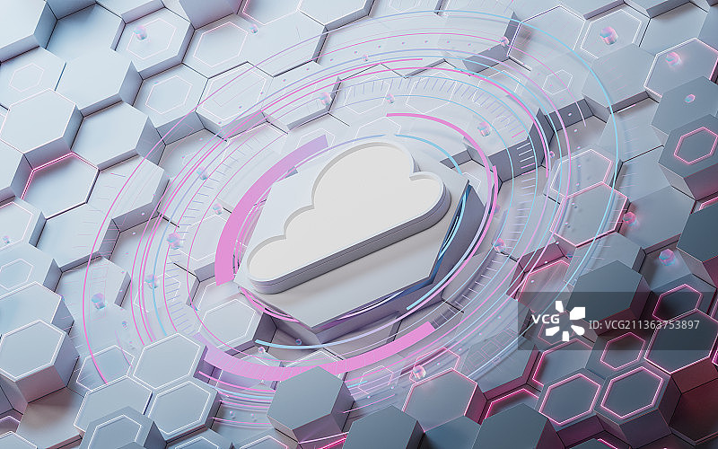 云计算概念与六边形背景3D渲染图片素材