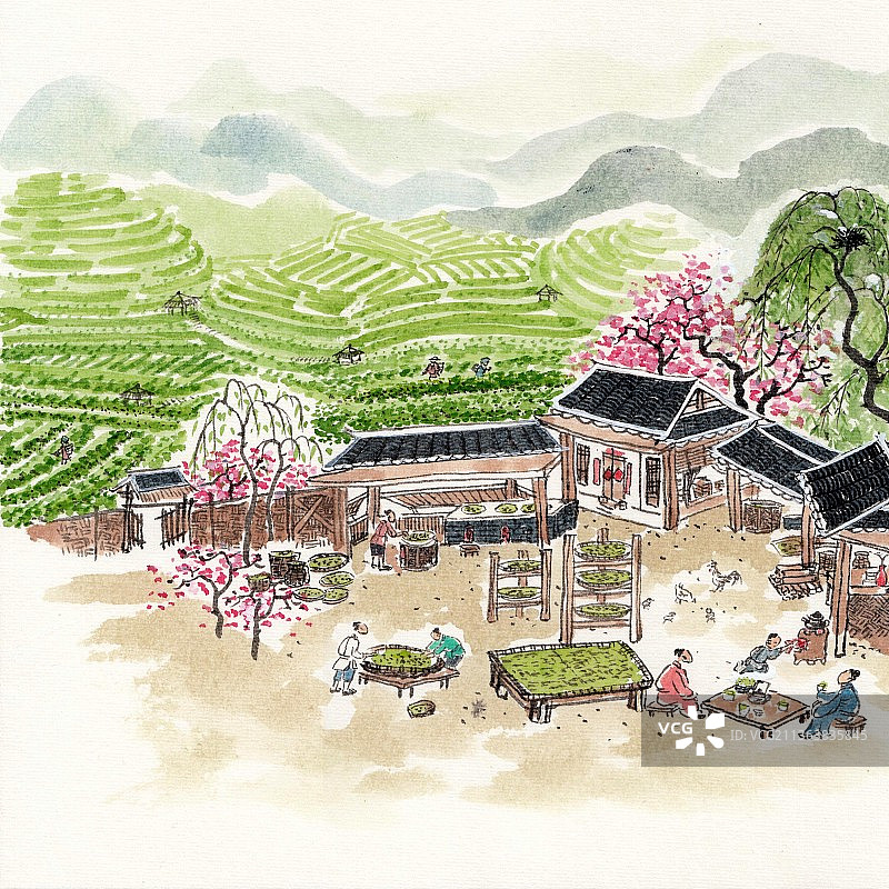 手绘水墨插画二十四节气谷雨图片素材