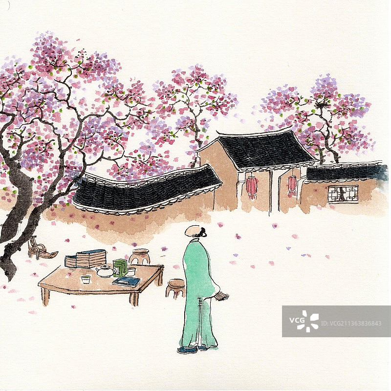 手绘水墨插画二十四节气清明图片素材