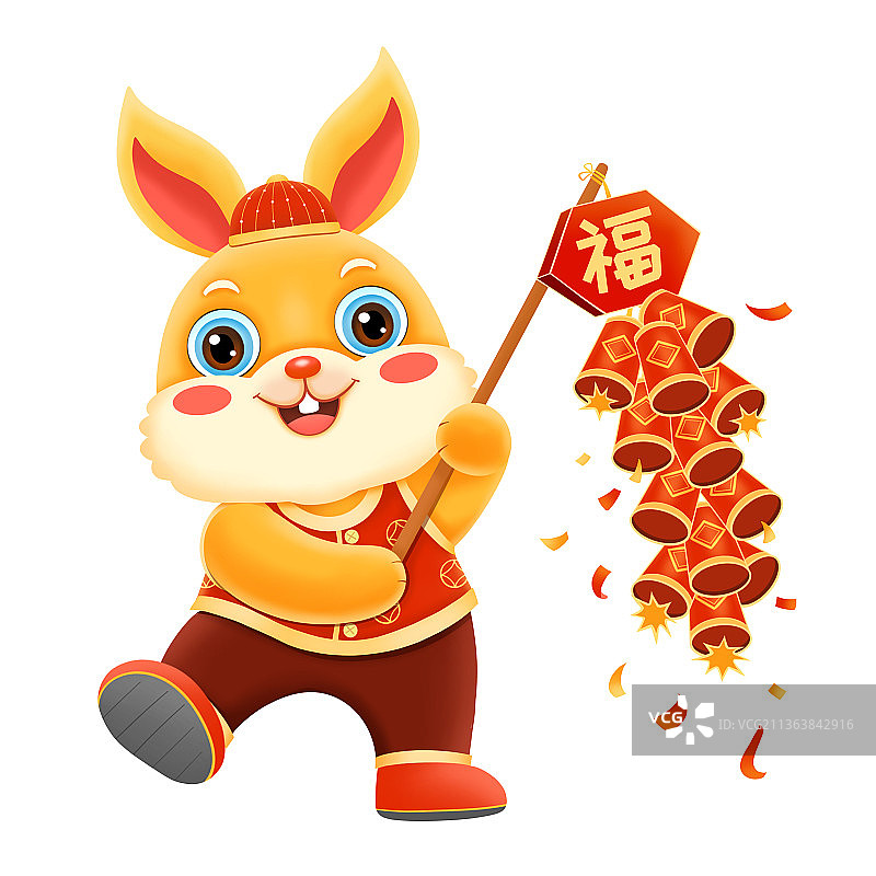 兔年春节放鞭炮的卡通兔子元素图片素材