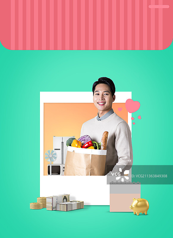 拿着购物袋的亚洲韩国男人在相框里，购物概念图片素材