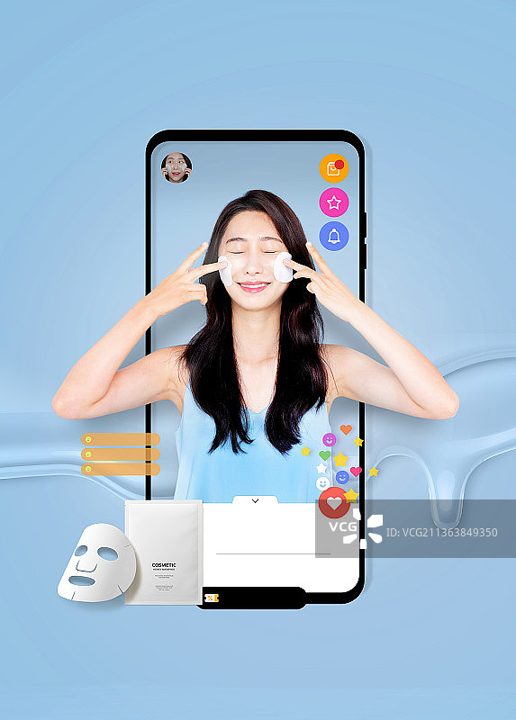电商直播购物，亚洲韩国女性在手机屏幕中图片素材