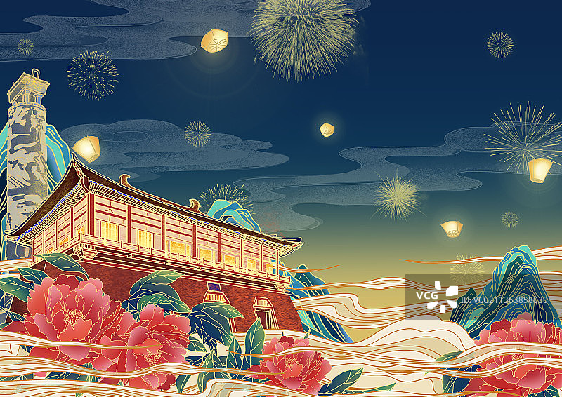 古建筑国潮节日背景插画图片素材