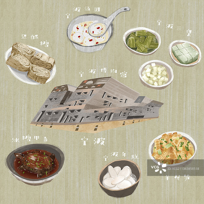 宁波地标建筑和特色美食插画图片素材