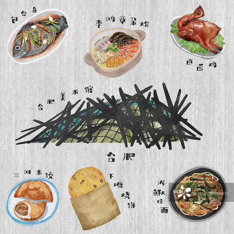 合肥地标建筑和特色美食插画图片素材