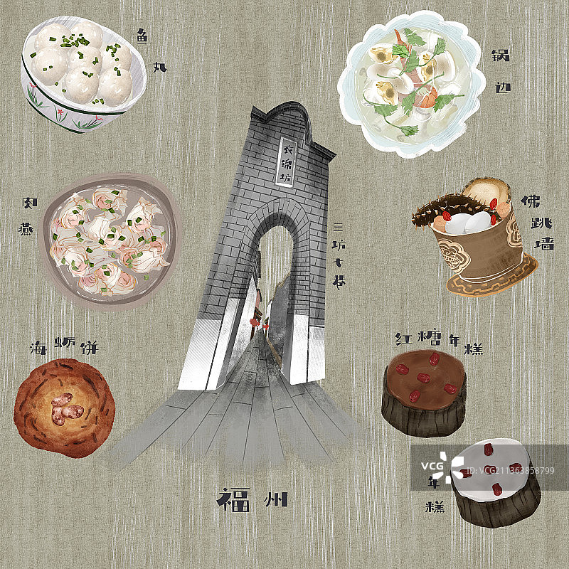 福州地标建筑和特色美食插画图片素材