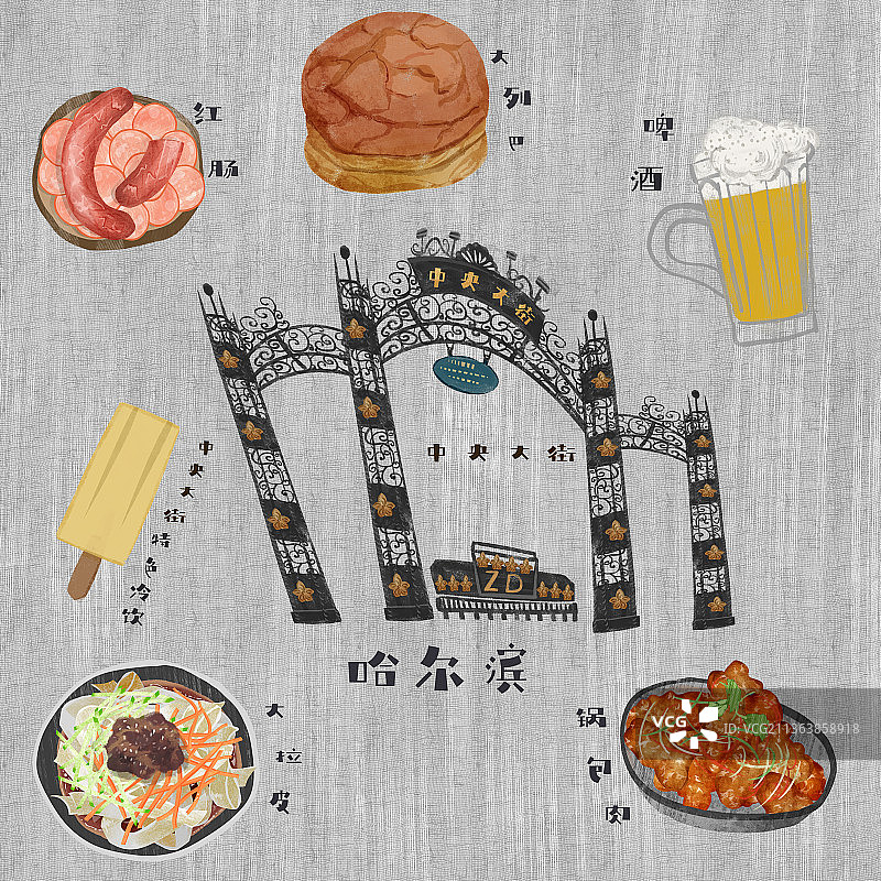 哈尔滨地标建筑和特色美食插画图片素材