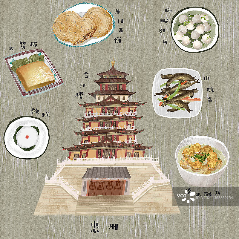 惠州地标建筑和特色美食插画图片素材