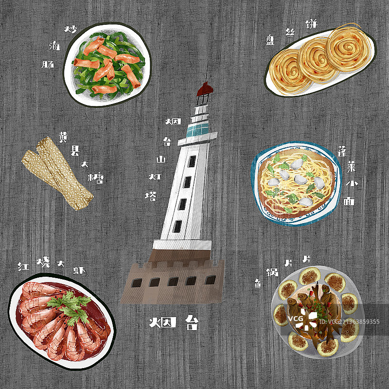 烟台地标建筑和特色美食插画图片素材