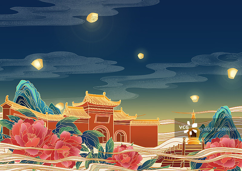 国潮古建筑节日背景插画图片素材
