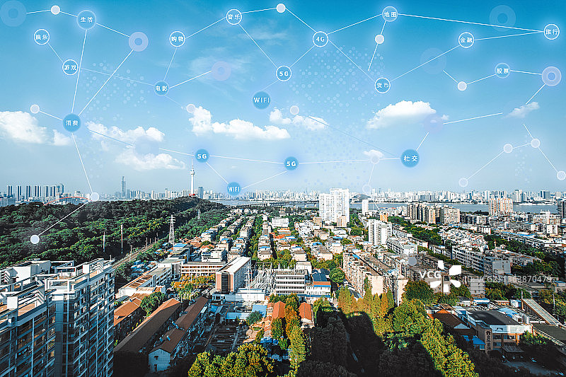 武汉城市风光和5G科技大数据智慧城市概念图片素材