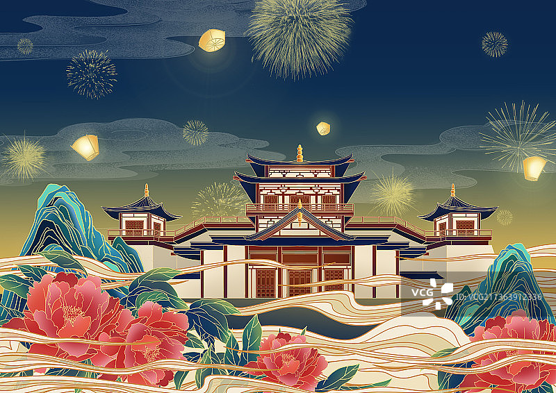 古建筑国潮节日背景插画图片素材