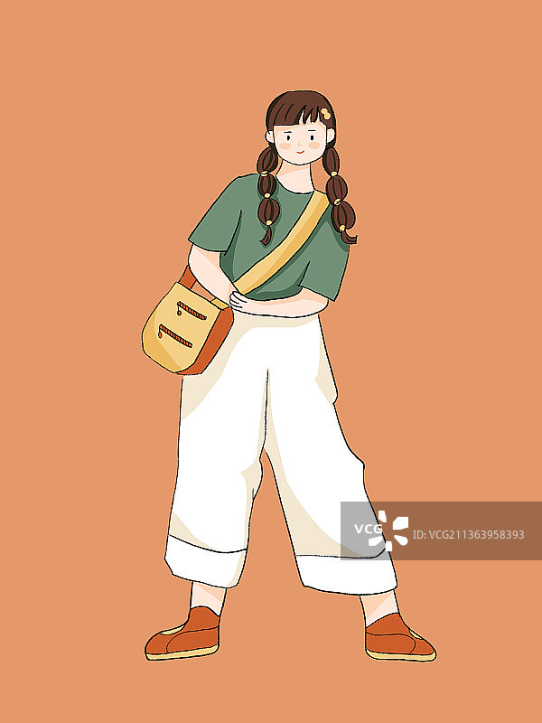 站在橙色背景下的背书包女孩图片素材
