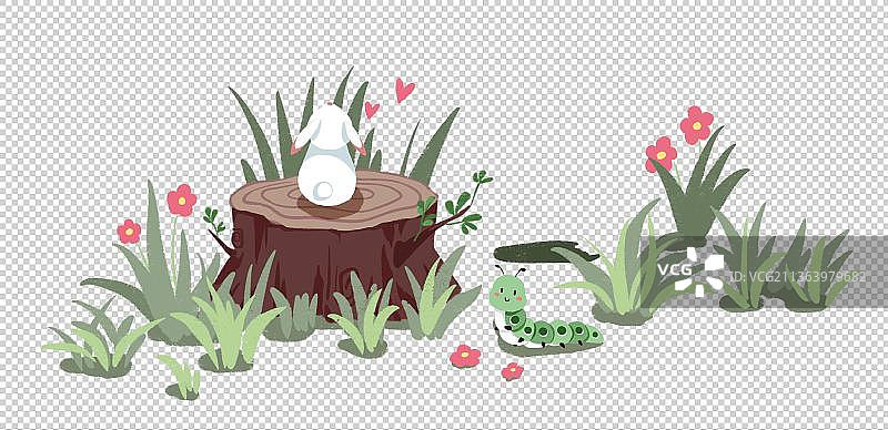 草丛里的小树桩可爱兔子毛毛虫图片素材