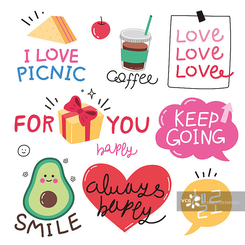 用于装饰日记的手绘涂鸦贴纸套装图片素材