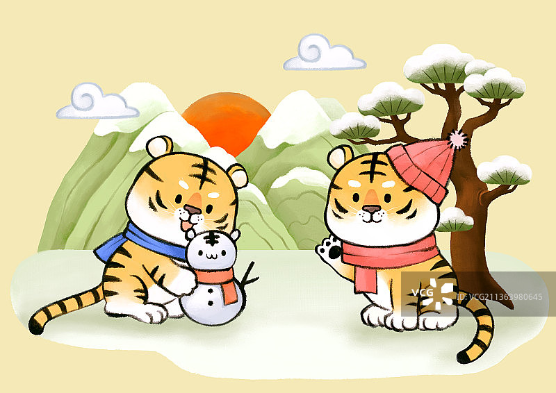 雪地玩耍的两只可爱老虎2.5D形象，12个月概念图片素材
