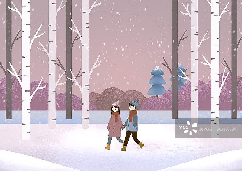 粉彩冬季情侣雪中漫步插画图片素材