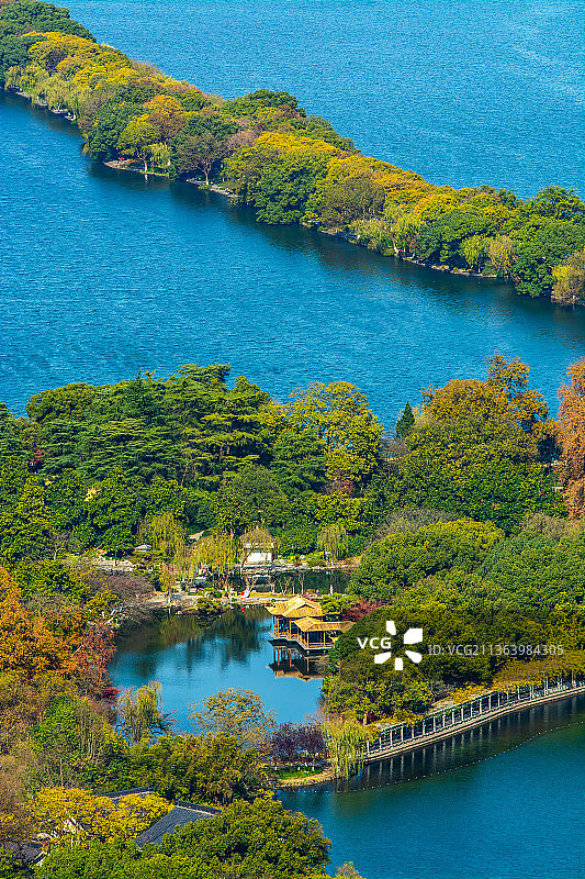 苏堤 花港公园 杭州西湖风光 杭州旅游景点 公园园林风光 俯瞰西湖 航拍西湖风景 西湖秋景图片素材