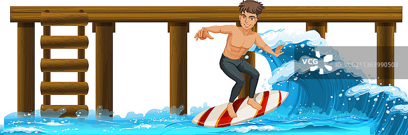 站在冲浪板上的男子和木制码头图片素材