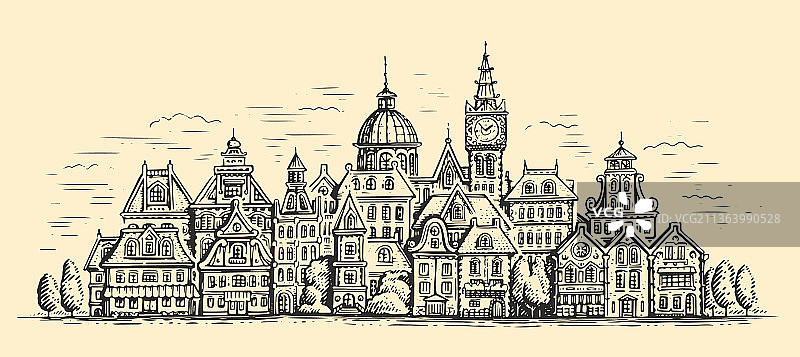 手绘城镇旧房屋城市景观速写图片素材