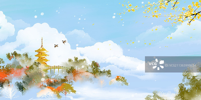 水彩风景画二十四节气西湖大寒图片素材