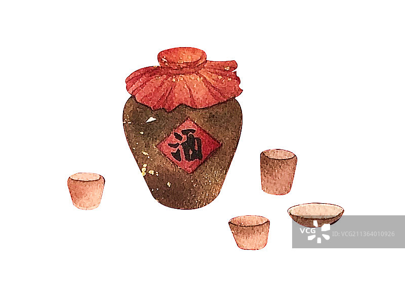 一坛陈年老酒手绘水彩插画图片素材