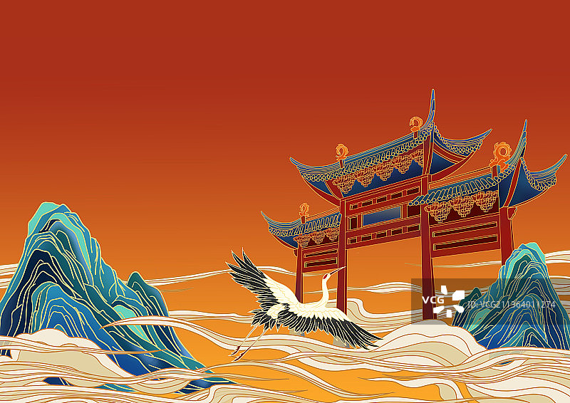 古建筑国潮节日背景插画图片素材