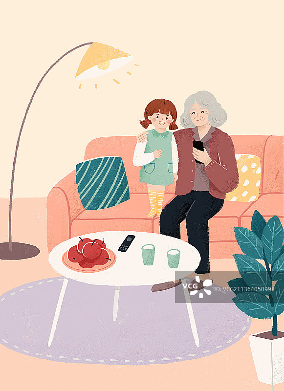 一个老人和孙女在客厅看手机插画图片素材