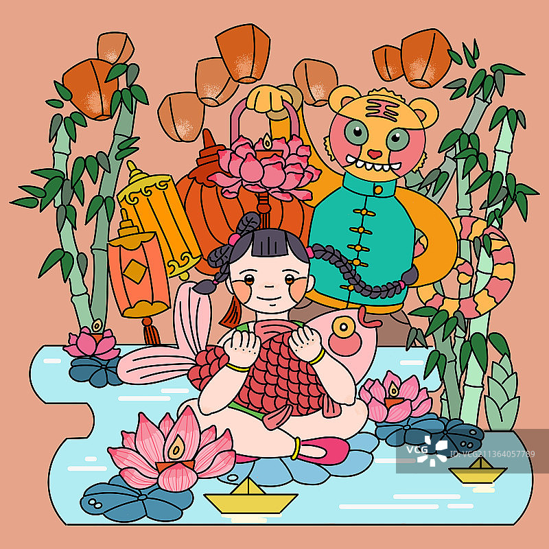 吉虎迎春--童子送福图片素材