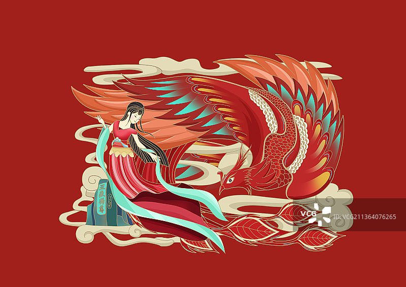 国潮云纹凤凰仙女图片素材