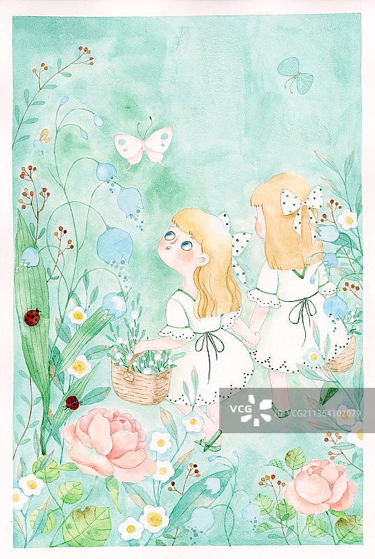 采花的双胞胎图片素材