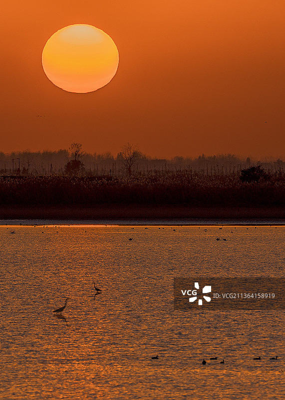 沉湖夕照图片素材