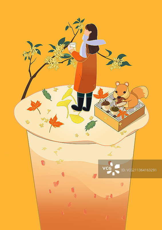 秋分节气 秋天的第一杯奶茶 饮品插画图片素材
