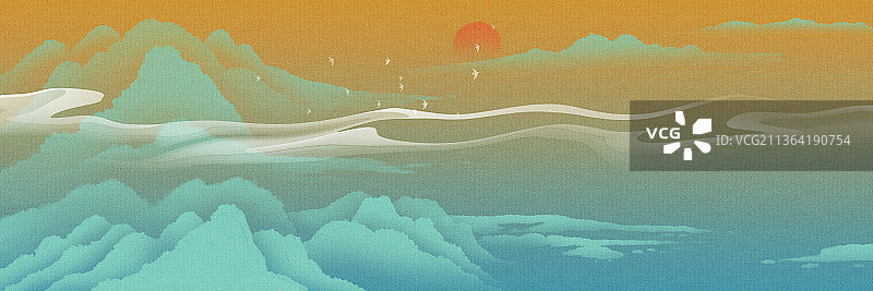 新中式山水风景插画图片素材