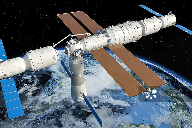 中国空间站天和核心舱的机械臂转位货运飞船，C4D软件制作图片素材
