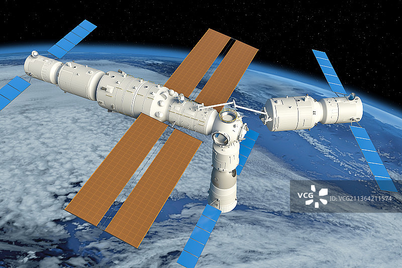 中国空间站天和核心舱的机械臂转位货运飞船，C4D软件制作图片素材
