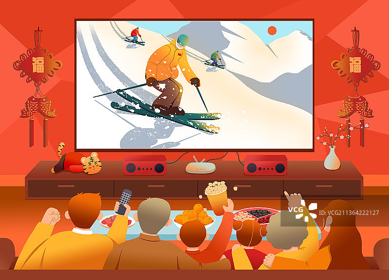 一家人看滑雪运动插画海报图片素材