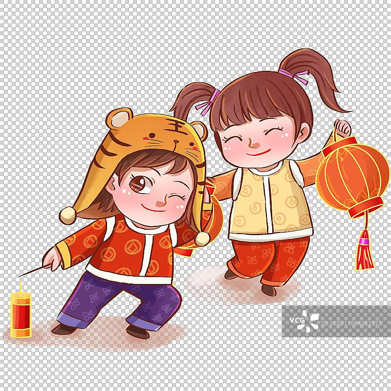 新年春节元旦小孩放鞭炮灯笼元素素材图片素材