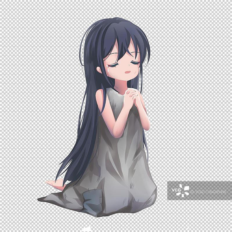 穿着破烂的乞丐女孩闭着眼睛祈祷人物素材图片素材